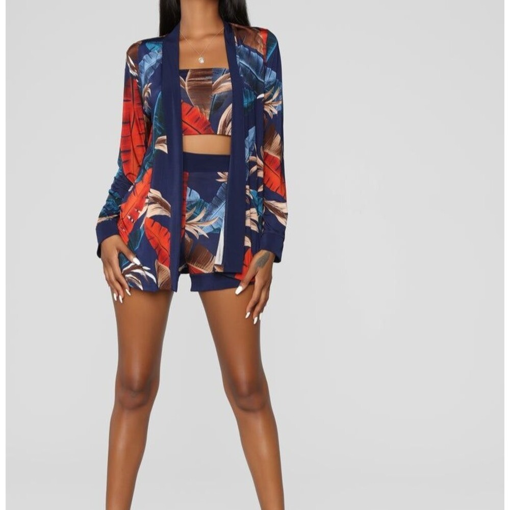 Fashion Nova Open Front Cardigan Women's Navy Blue Tropical Long Sleeve OS